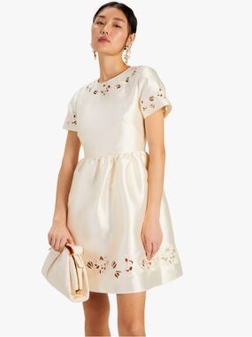 Kate Spade NWT French Cream Embossed Cutout Mini Dress White Satin Fit Flare 2